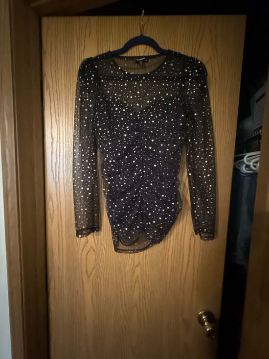Express Tops - Express Black Mesh Star Print Ruched Long Sleeve Top Size S